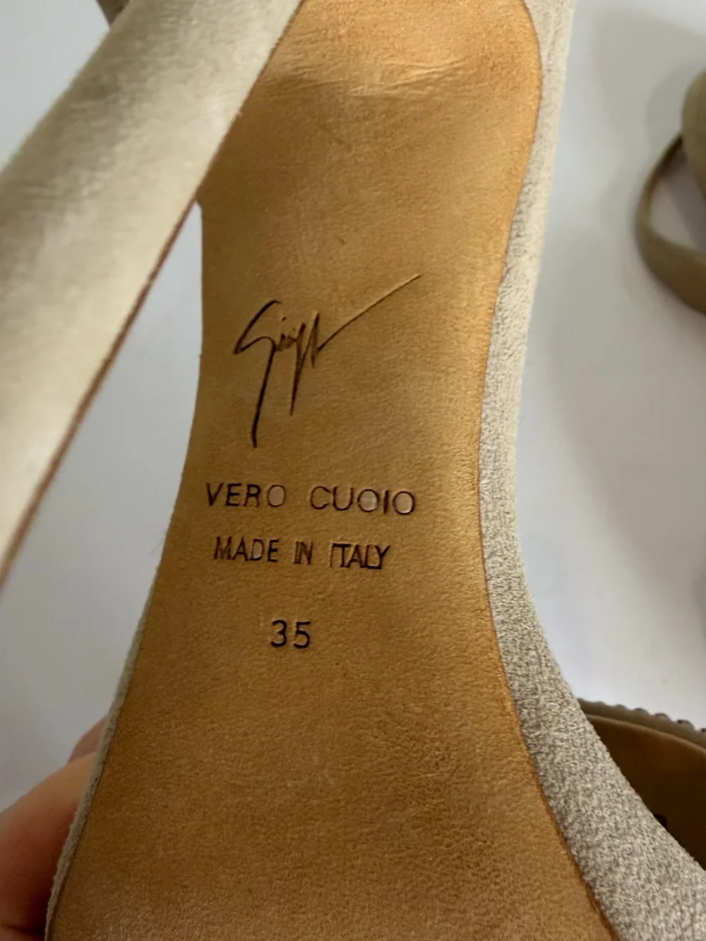 Giuseppe Zanotti Beige Suede Stiletto with Rhinestone Toe Band